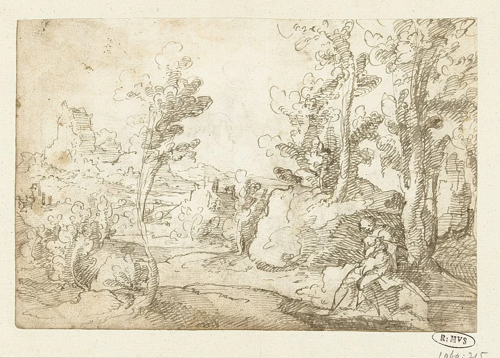 Paesaggio con figura seduta presso un pozzo